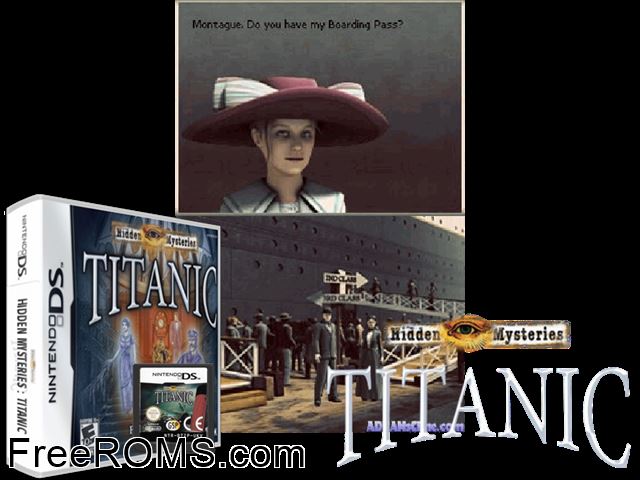Hidden Mysteries Titanic Europe NDS game showing 3D box cover and gameplay screenshot