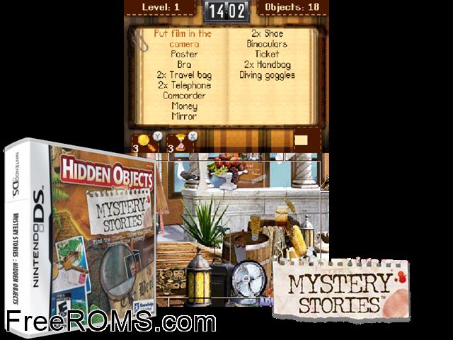 Hidden Objects - Mystery Stories NDS game showing 3D box cover and gameplay screenshot