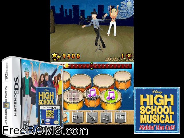 High School Musical - Makin the Cut NDS game showing 3D box cover and gameplay screenshot