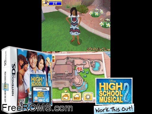 High School Musical 2 - Work This Out! NDS game showing 3D box cover and gameplay screenshot