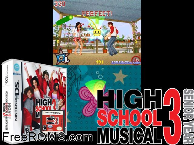 High School Musical 3 - Senior Year NDS game showing 3D box cover and gameplay screenshot