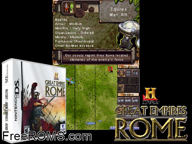 History - Great Empires - Rome NDS game showing 3D box cover and gameplay screenshot