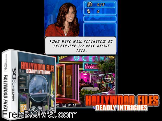 Hollywood Files - Deadly Intrigues Europe NDS game showing 3D box cover and gameplay screenshot