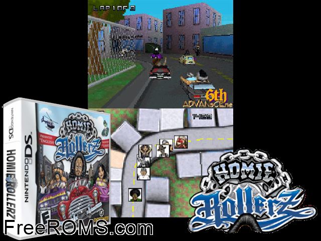 Homie Rollerz NDS game showing 3D box cover and gameplay screenshot