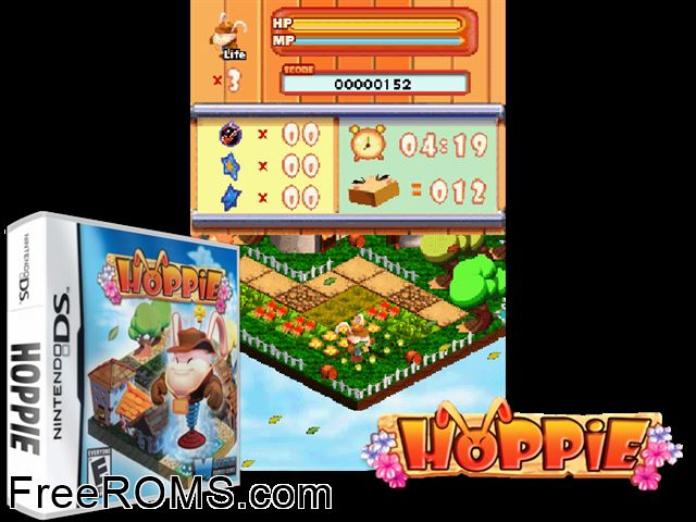 Hoppie NDS game showing 3D box cover and gameplay screenshot