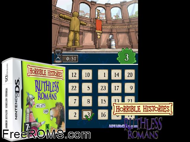Horrible Histories - Ruthless Romans Europe NDS game showing 3D box cover and gameplay screenshot