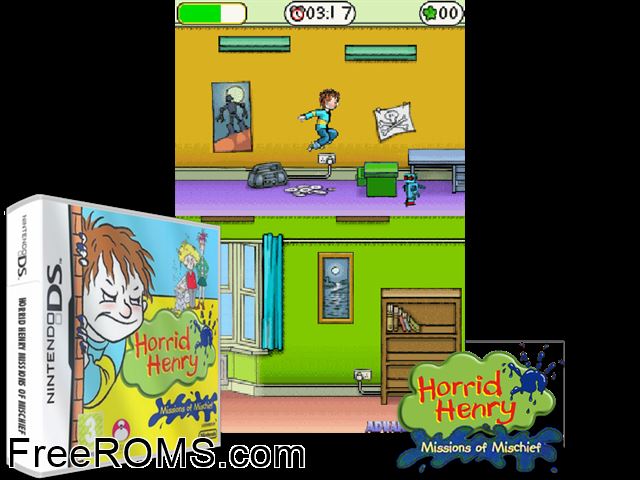 Horrid Henry - Missions of Mischief Europe NDS game showing 3D box cover and gameplay screenshot