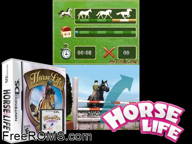 Horse Life NDS game showing 3D box cover and gameplay screenshot