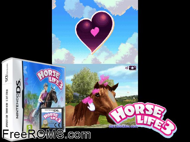 Horse Life 3 Europe NDS game showing 3D box cover and gameplay screenshot
