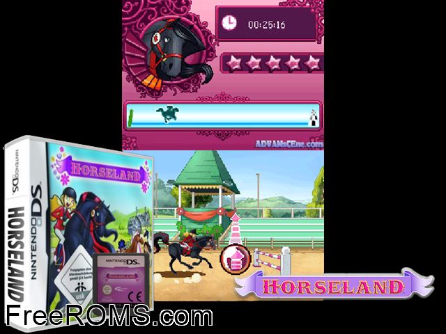 Horseland Europe NDS game showing 3D box cover and gameplay screenshot