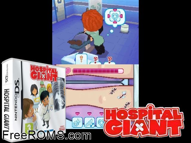 Hospital Giant Europe NDS game showing 3D box cover and gameplay screenshot