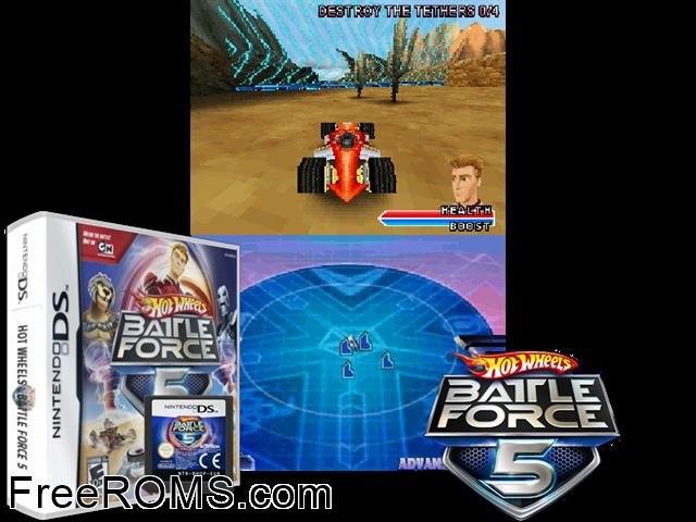 Hot Wheels - Battle Force 5 NDS game showing 3D box cover and gameplay screenshot