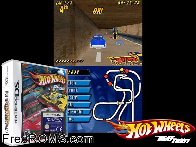 Hot Wheels - Beat That! NDS game showing 3D box cover and gameplay screenshot