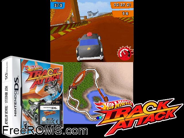 Hot Wheels - Track Attack NDS game showing 3D box cover and gameplay screenshot
