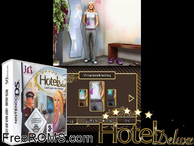 Hotel Deluxe - Greif nach den Sternen Germany NDS game showing 3D box cover and gameplay screenshot