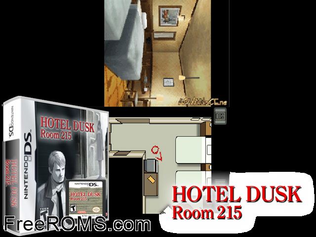 Hotel Dusk - Room 215 NDS game showing 3D box cover and gameplay screenshot