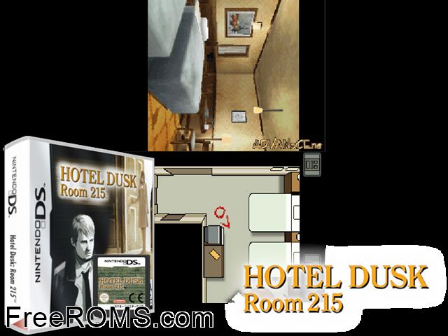 Hotel Dusk - Room 215 Europe NDS game showing 3D box cover and gameplay screenshot