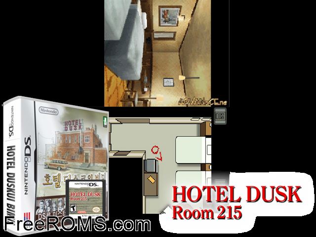 Hotel Dusk - Secrets NDS game showing 3D box cover and gameplay screenshot