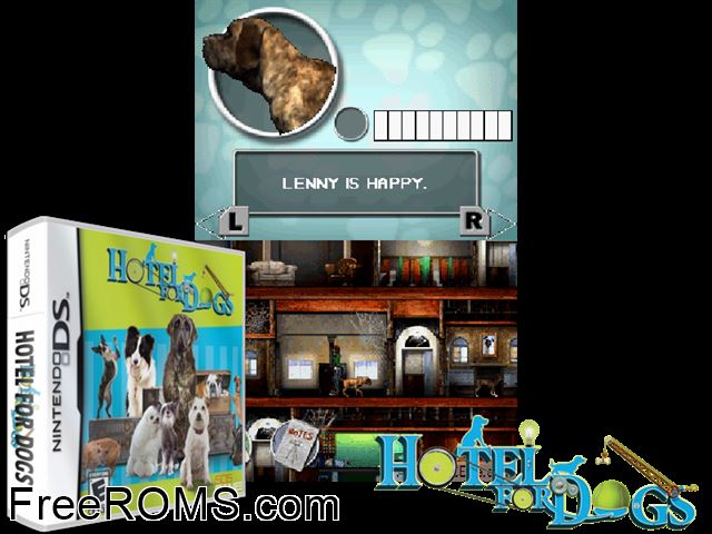 Hotel for Dogs Europe NDS game showing 3D box cover and gameplay screenshot