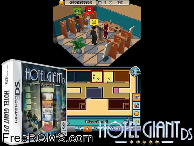 Hotel Giant DS NDS game showing 3D box cover and gameplay screenshot
