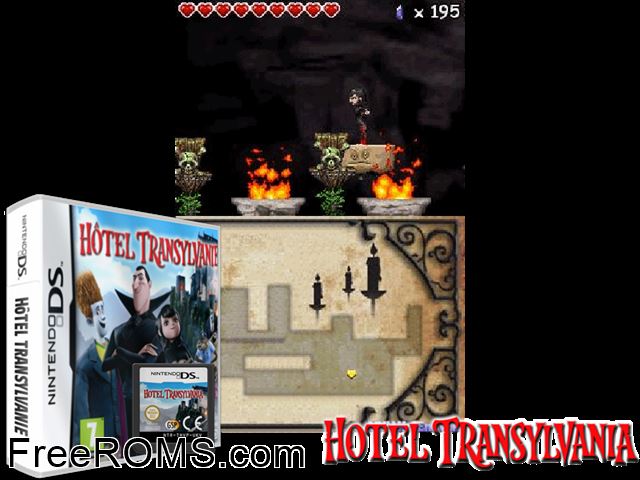 Hotel Transylvania Europe NDS game showing 3D box cover and gameplay screenshot