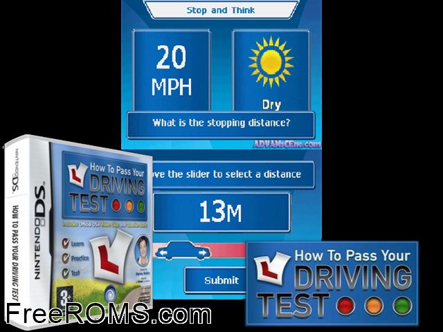 How to Pass Your Driving Test Europe NDS game showing 3D box cover and gameplay screenshot
