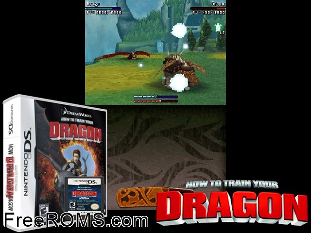 How to Train Your Dragon Europe NDS game showing 3D box cover and gameplay screenshot