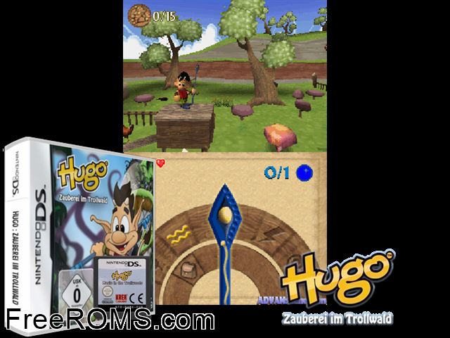 Hugo - Magic in the Troll Woods Europe NDS game showing 3D box cover and gameplay screenshot