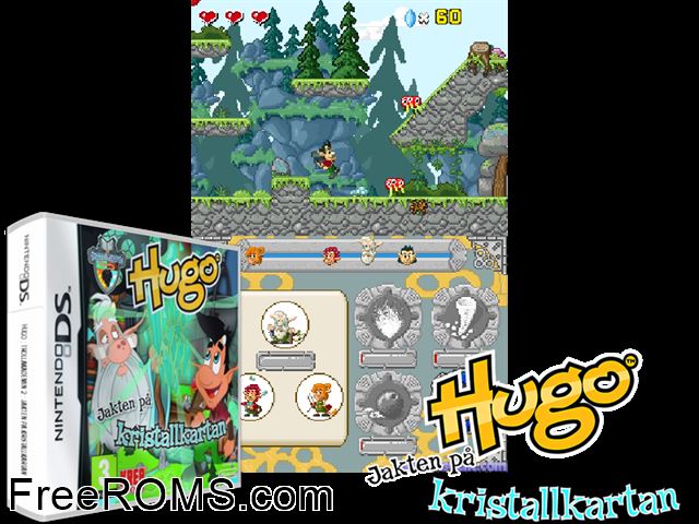 Hugo - Trollakademin 2 - Jakten pa Kristallkartan Europe NDS game showing 3D box cover and gameplay screenshot