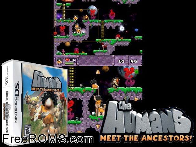 Humans - Meet the Ancestors!, The NDS game showing 3D box cover and gameplay screenshot