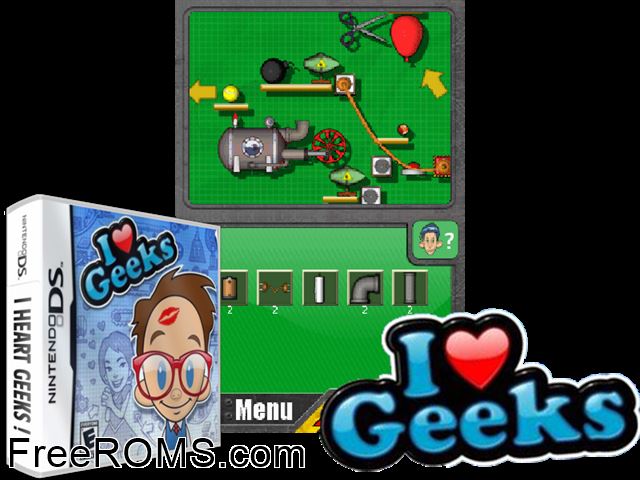 I Heart Geeks NDS game showing 3D box cover and gameplay screenshot