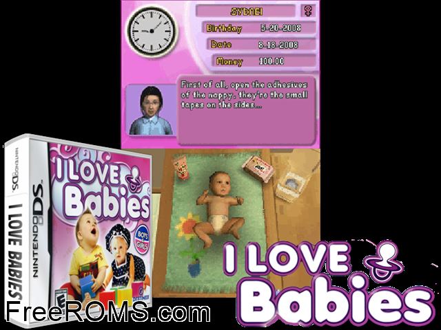 I Love Babies NDS game showing 3D box cover and gameplay screenshot