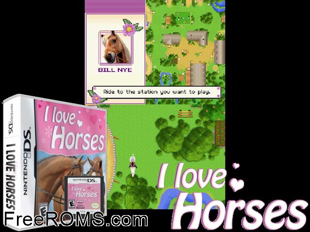 I Love Horses Europe NDS game showing 3D box cover and gameplay screenshot