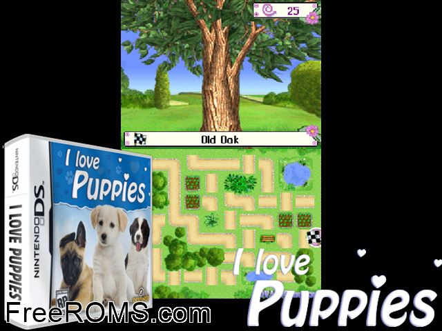 I Love Puppies NDS game showing 3D box cover and gameplay screenshot