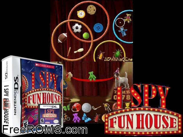 I Spy Fun House NDS game showing 3D box cover and gameplay screenshot