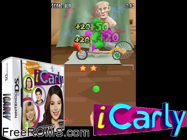 iCarly NDS game showing 3D box cover and gameplay screenshot