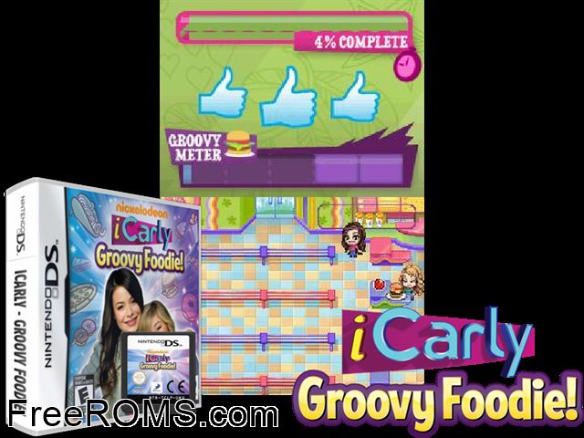 iCarly - Groovy Foodie! Europe NDS game showing 3D box cover and gameplay screenshot