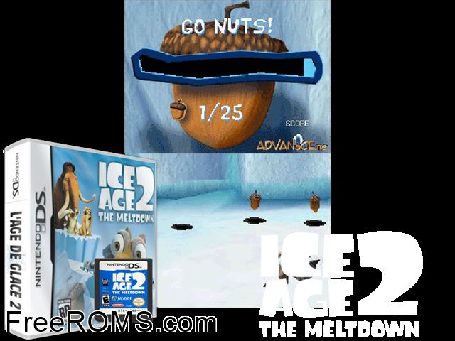 Ice Age 2 - The Meltdown NDS game showing 3D box cover and gameplay screenshot