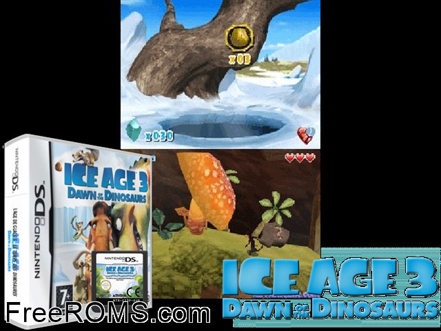 Ice Age 3 - Dawn of the Dinosaurs Europe NDS game showing 3D box cover and gameplay screenshot