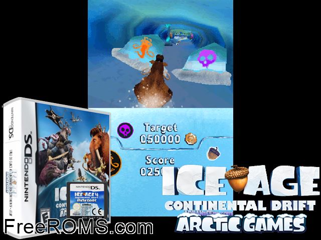 Ice Age 4 - Continental Drift - Arctic Games Europe NDS game showing 3D box cover and gameplay screenshot