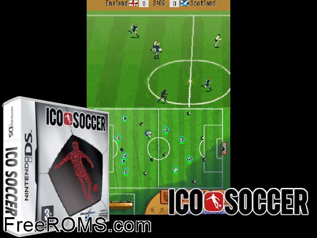 Ico Soccer Europe NDS game showing 3D box cover and gameplay screenshot