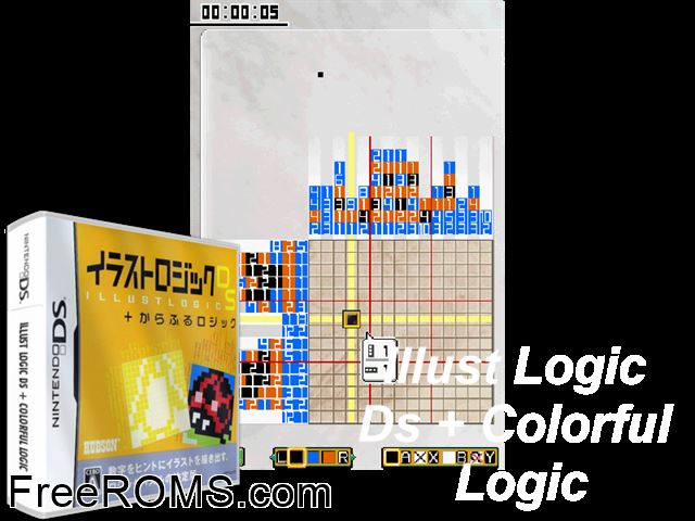 Illust Logic DS + Colorful Logic Japan NDS game showing 3D box cover and gameplay screenshot