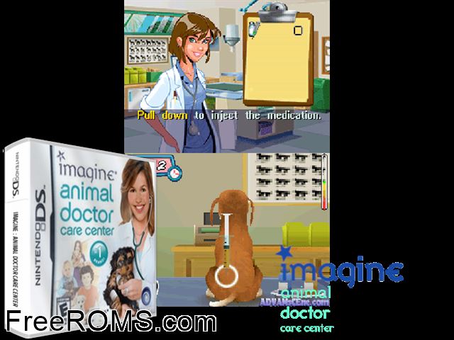 Imagine - Animal Doctor Care Center NDS game showing 3D box cover and gameplay screenshot