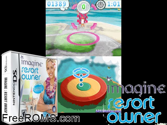Imagine - Dream Resort Europe NDS game showing 3D box cover and gameplay screenshot