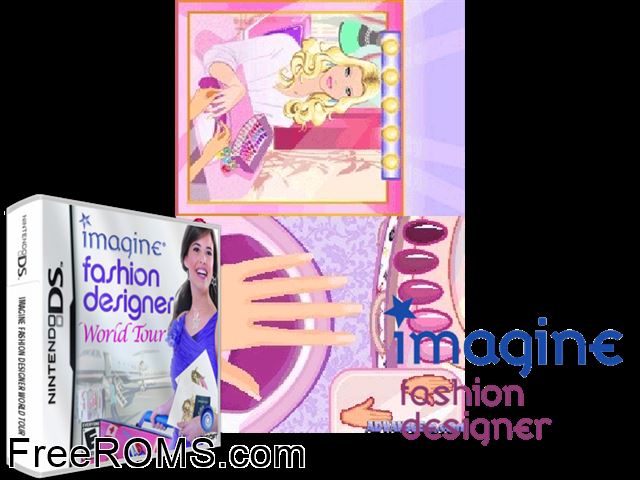 Imagine - Fashion Designer - World Tour NDS game showing 3D box cover and gameplay screenshot