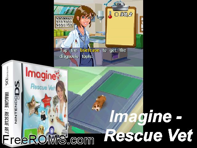 Imagine - Rescue Vet Europe NDS game showing 3D box cover and gameplay screenshot