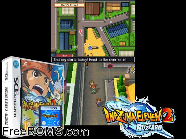 Inazuma Eleven 2 - Blizzard Europe NDS game showing 3D box cover and gameplay screenshot