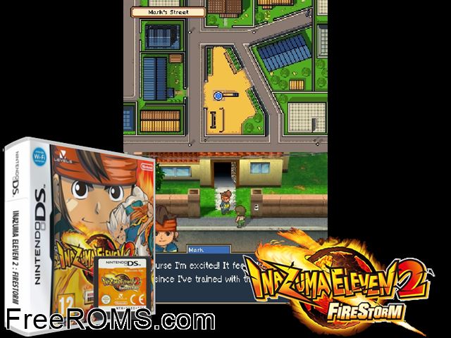 Inazuma Eleven 2 - Firestorm Europe NDS game showing 3D box cover and gameplay screenshot