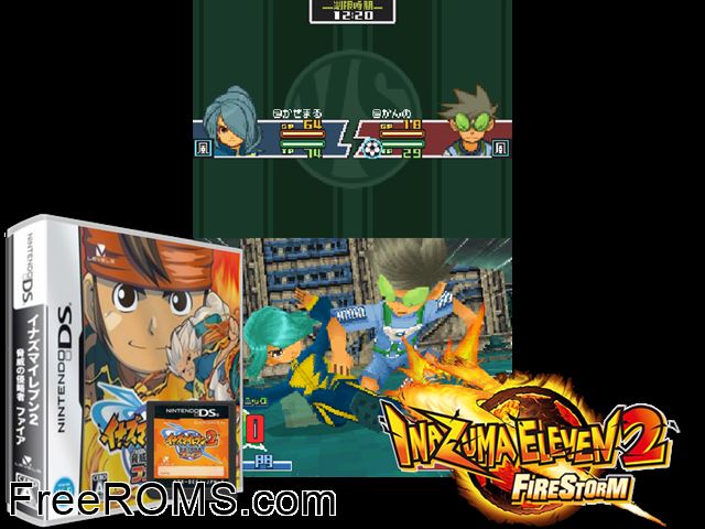 Inazuma Eleven 2 - Kyoui no Shinryakusha - Fire Japan NDS game showing 3D box cover and gameplay screenshot