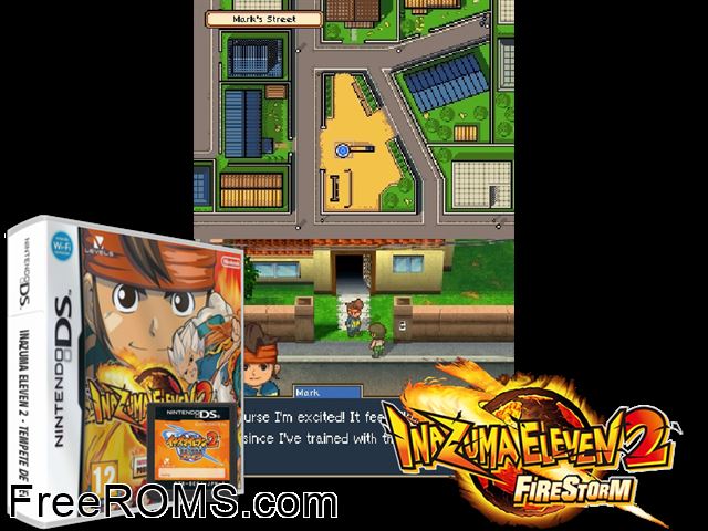 Inazuma Eleven 2 - Tempete de Feu France NDS game showing 3D box cover and gameplay screenshot